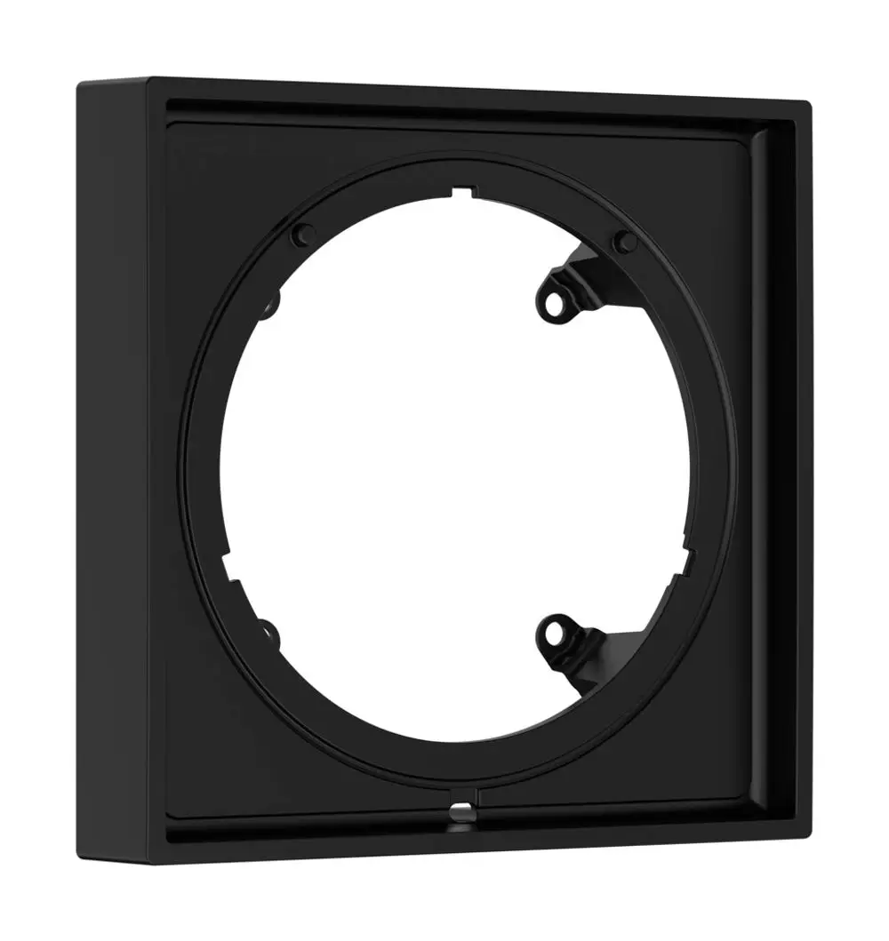Schwarze Verlängerungsrosette mit quadratischem Rahmen und rundem Innenausschnitt, geeignet für Montage und Unterstützung von Hansgrohe-Produkten.